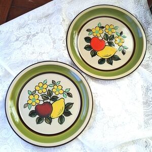 Vtg 70s Stoneware Dinner Plates Fruit & Floral Design Olive Green 10.5" Round
